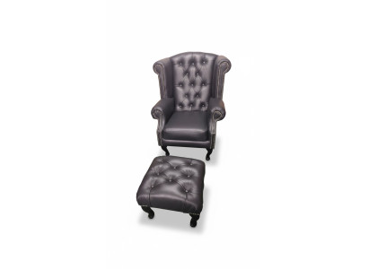 Luxury Wingback Chair and Ottoman Chesterfield Armchair Leather Black Modern