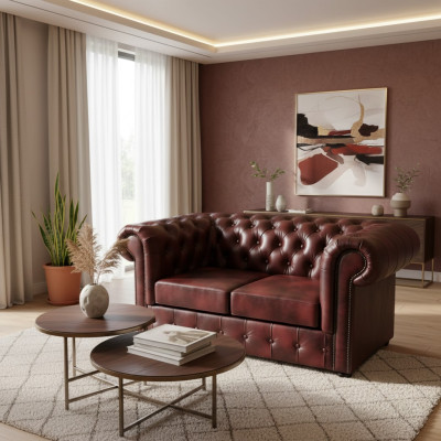 Sofa Chesterfield 2-Seater Leather Lounge Couches Sofas Brown Modern