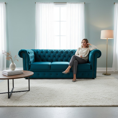 Chesterfield Sofa 3 Seater Fabric Couches Cloth Blue Modern Sofas