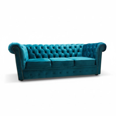 Chesterfield Sofa 3 Seater Fabric Couches Cloth Blue Modern Sofas