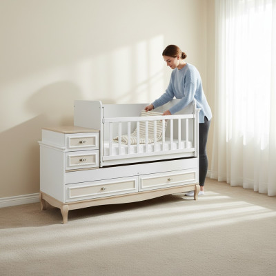 Baby crib children's bed with drawer white in modern children's room