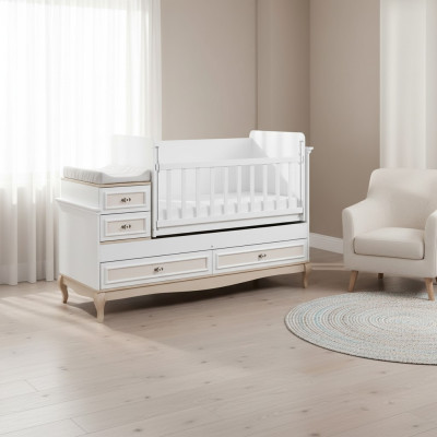 Baby crib children's bed with drawer white in modern children's room