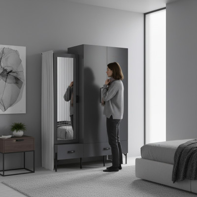 Wardrobe Gray Closet Cabinets Bedroom Wood Furniture 134cm
