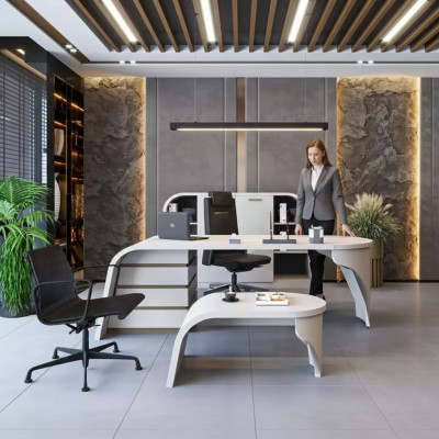 White Office Set: Executive Desk, Oval Coffee Table, File Cabinet, 3-Piece Shelf.