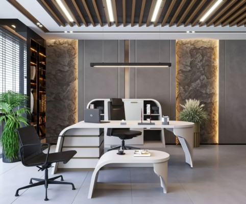 White Office Set: Executive Desk, Oval Coffee Table, File Cabinet, 3-Piece Shelf.