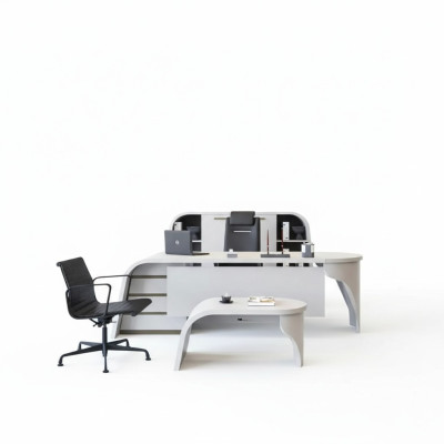 White Office Set: Executive Desk, Oval Coffee Table, File Cabinet, 3-Piece Shelf.