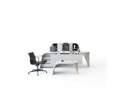 White Office Set: Executive Desk, Oval Coffee Table, File Cabinet, 3-Piece Shelf.