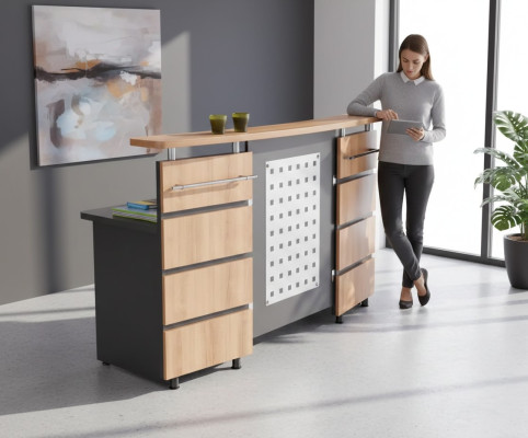 Modern reception counter with chest of drawers made of gray wood, new office furniture