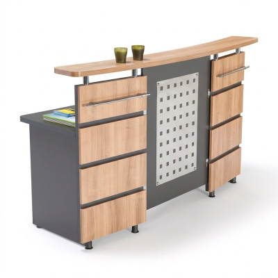 Modern reception counter with chest of drawers made of gray wood, new office furniture