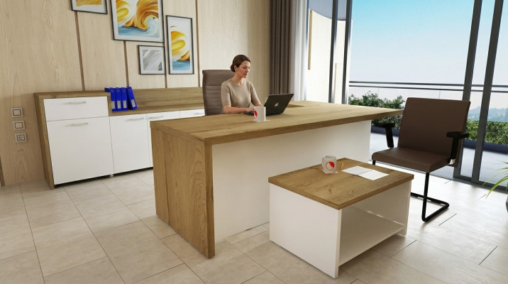 Office modern set corner desk brown coffee table filing cabinet 3-piece set.