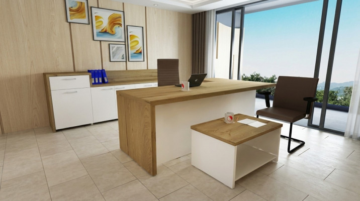 Office modern set corner desk brown coffee table filing cabinet 3-piece set.