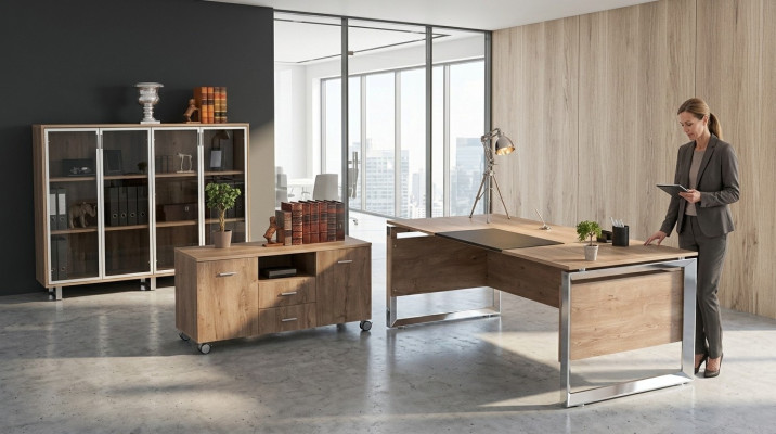 Office furniture set brown desk chest of drawers cabinet 3-piece set furniture