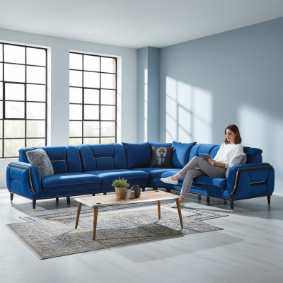 Blue L-shaped upholstered sofa designer corner couch textile cover living room furniture