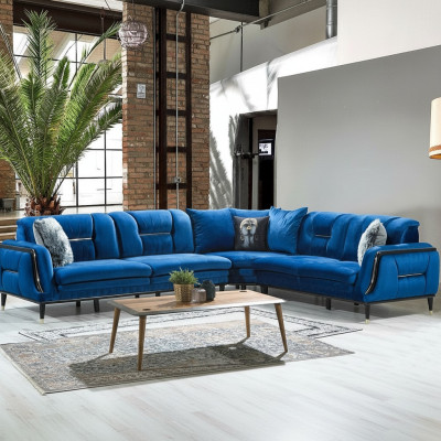 Blue L-shaped upholstered sofa designer corner couch textile cover living room furniture