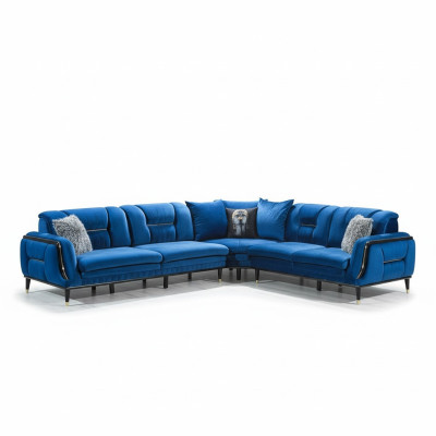 Blue L-shaped upholstered sofa designer corner couch textile cover living room furniture