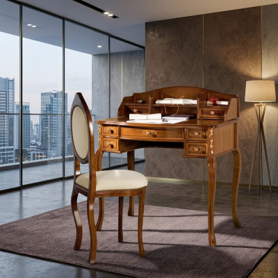 Classic desk with a brown wooden chair in a study.