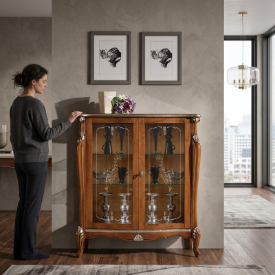 Brown glass display cabinet living room wood sideboard luxury display cupboard shelf