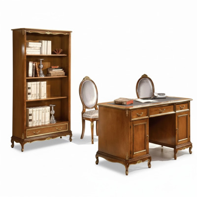Elegant brown wooden desk with bookshelf office furniture sets, 2-piece set.