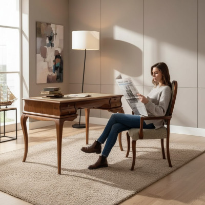 Elegant desk set, brown chair, high-quality furniture.