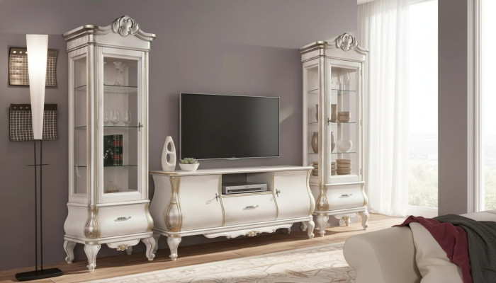 Classic white wall unit TV stands 2x display cabinets elegant 3-piece cabinet set