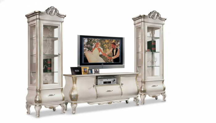 Classic white wall unit TV stands 2x display cabinets elegant 3-piece cabinet set