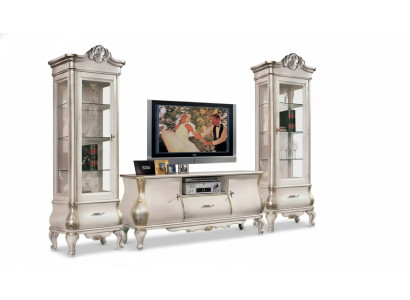 Classic white wall unit TV stands 2x display cabinets elegant 3-piece cabinet set