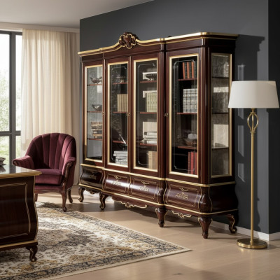 Classic brown bookshelf with drawers, glass doors, solid wood furniture