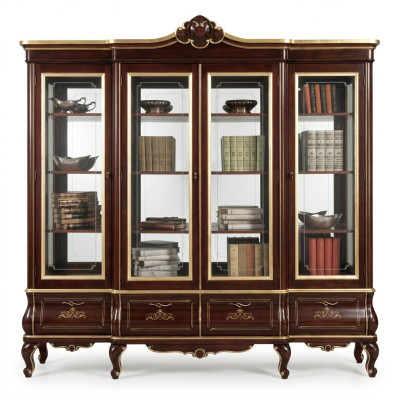 Classic brown bookshelf with drawers, glass doors, solid wood furniture
