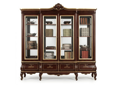 Classic brown bookshelf with drawers, glass doors, solid wood furniture