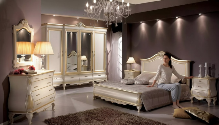 Bedroom set: bed, 2x nightstands, wardrobe, dresser, mirror