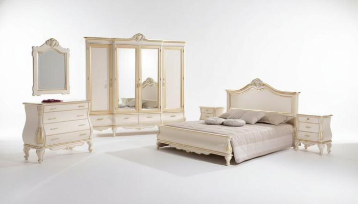 Bedroom set: bed, 2x nightstands, wardrobe, dresser, mirror