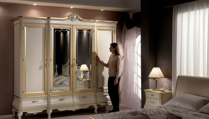 Classic Luxury White Four-Door Bedroom Wardrobe Wood Furniture New