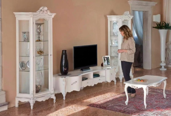 White living room wall unit luxury furniture TV stand 2x display cabinets coffee table