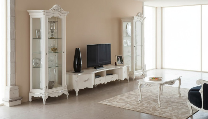 White living room wall unit luxury furniture TV stand 2x display cabinets coffee table