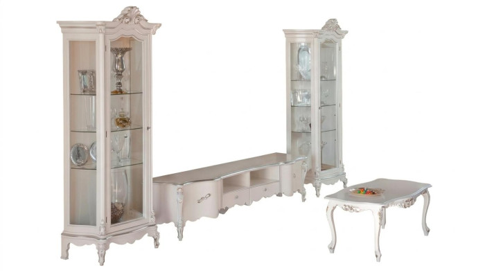 White living room wall unit luxury furniture TV stand 2x display cabinets coffee table