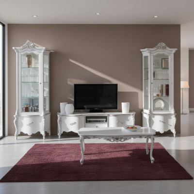 White living room set TV-stand coffee table 2x display cabinet luxury wooden furniture