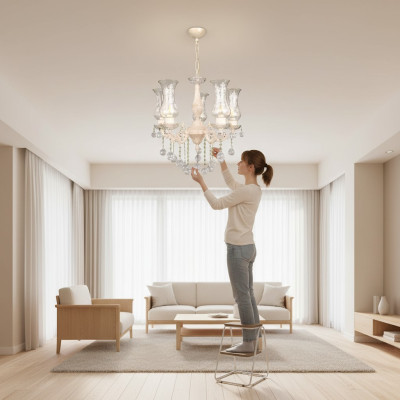 Classic Chandelier Ceiling Light Beige Crystal Pendant Lighting Ceiling Chandelier