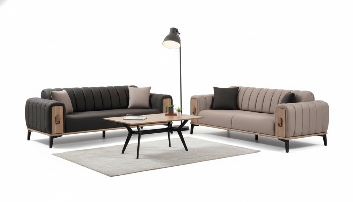 Brown sofa set 2x three-seater luxury set furniture sofas couches wooden frame