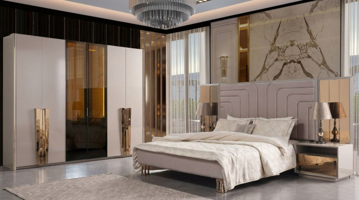 Set of 3: Beige Wood Modern Luxury Bedroom Set with Double Bed