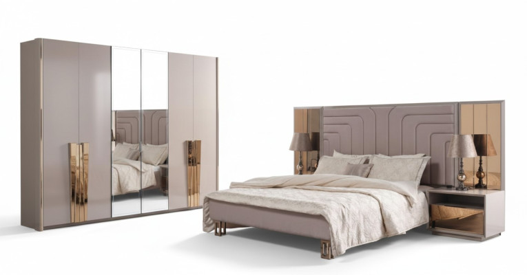 Set of 3: Beige Wood Modern Luxury Bedroom Set with Double Bed