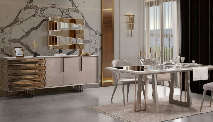 Luxury Dining Area Dining Set Dining Room Dining Table Chairs Beige Wood Set 8-piece
