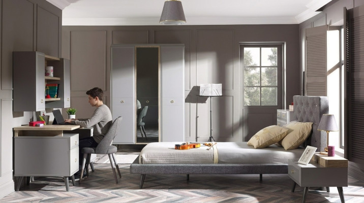 Youth bed bedroom furniture wooden bed complete bed gray set 5-piece