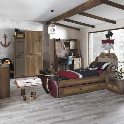 Children's room pirate bed ship wardrobe table double beds 5-piece set
