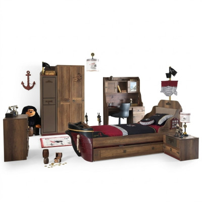 Children's room pirate bed ship wardrobe table double beds 5-piece set