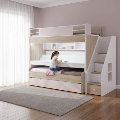 Bunk bed with 3 sleeping places multifunctional bed wood pink luxury loft bed