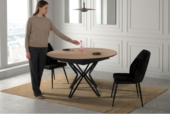 Round dining table, extendable modern kitchen table wood brown