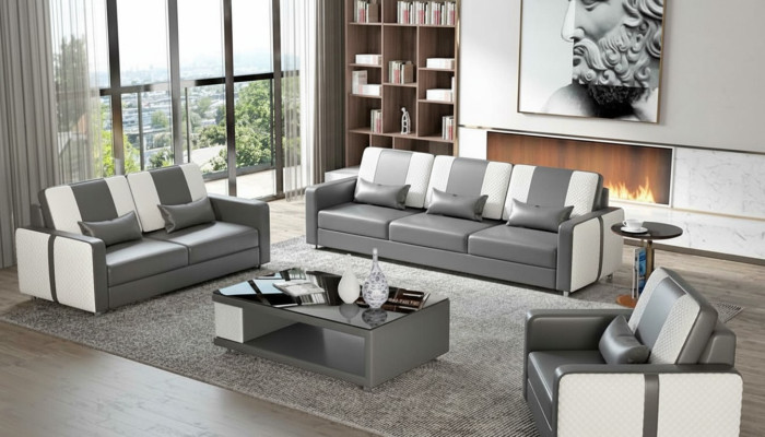 Complete Sofa Set Luxury Couch Set Gray Faux Leather 321