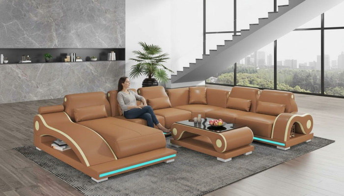 XXL Living Room Sofa U-Shape Large Corner Sofa Leather Sofa Brown Sofas New