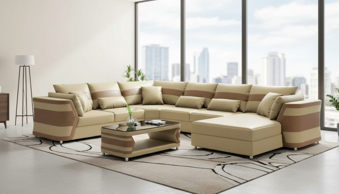 XXL living area sofa U shape large corner sofa leather sofa beige sofas couches