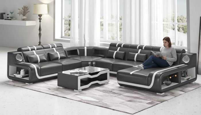 XXL living landscape sofa U-shape large corner sofa leather sofa black sofas